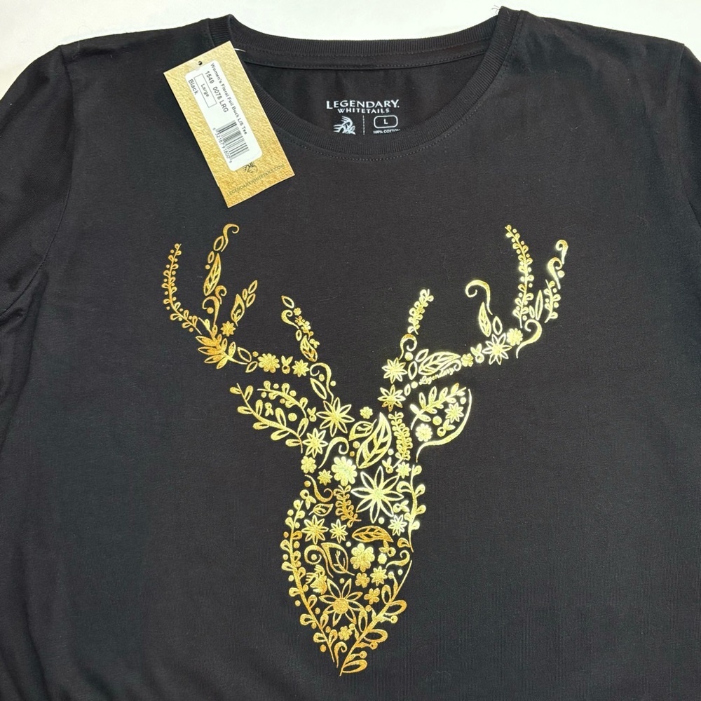 Legendary Whitetails Black L/S Tee with Gold Foil Floral Buck Design, L. NWT - Picture 2 of 8